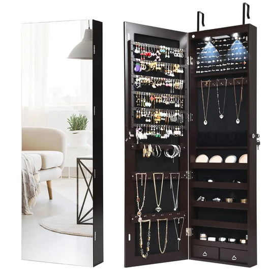 Byroce 47.5H Jewelry Armoire Over the Door/Wall Mounted Full Length Mirror with Jewelry Storage 2-LED Lockable Jewelry Cabinet with 2 Drawers Hanging Jewelry Organizer for Bedroom (Espresso)